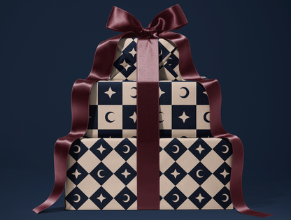 Checkered Moon - Star Wrapping Paper | Celestial Geometric Pattern in Navy & Warm Cream