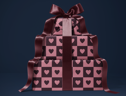 Checkered Heart Wrapping Paper | Geometric Heart Pattern in Dusty Pink & Muted Wine