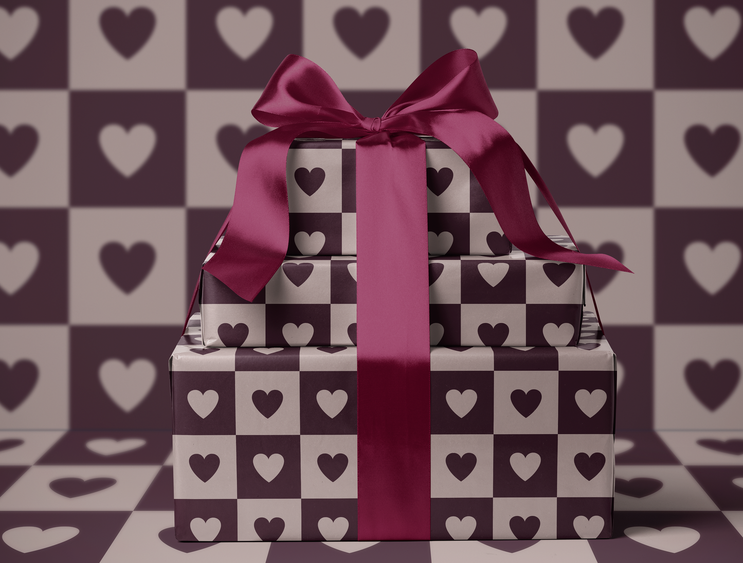 Papier Cadeau Cœur à Carreaux | Motif de Cœurs Géométriques Avoine Clair & Prune Intense