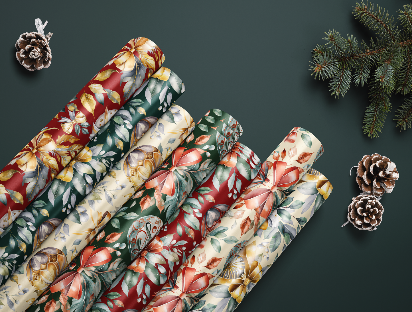 Christmas Wrapping Paper | Elegant Soft Green & Gold Ornaments | Red Background