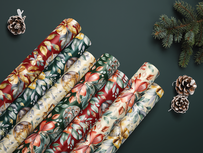 Christmas Wrapping Paper | Elegant Soft Green & Gold Ornaments | Red Background