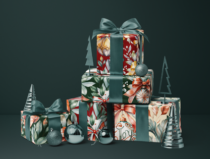 Christmas Wrapping Paper | Classic Red & Green Ornaments | Soft Yellow