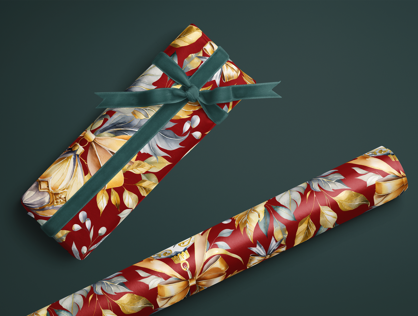 Christmas Wrapping Paper | Elegant Soft Green & Gold Ornaments | Red Background