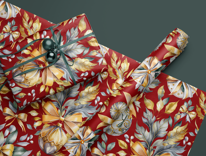 Christmas Wrapping Paper | Elegant Soft Green & Gold Ornaments | Red Background
