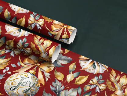 Christmas Wrapping Paper | Elegant Soft Green & Gold Ornaments | Red Background