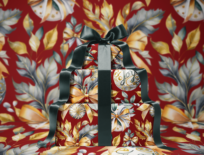 Christmas Wrapping Paper | Elegant Soft Green & Gold Ornaments | Red Background