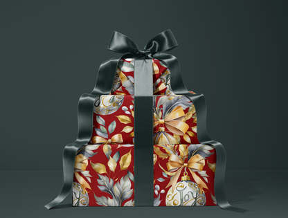 Christmas Wrapping Paper | Elegant Soft Green & Gold Ornaments | Red Background