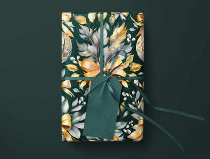 Christmas Wrapping Paper | Elegant Soft Green & Gold Ornaments | Green background