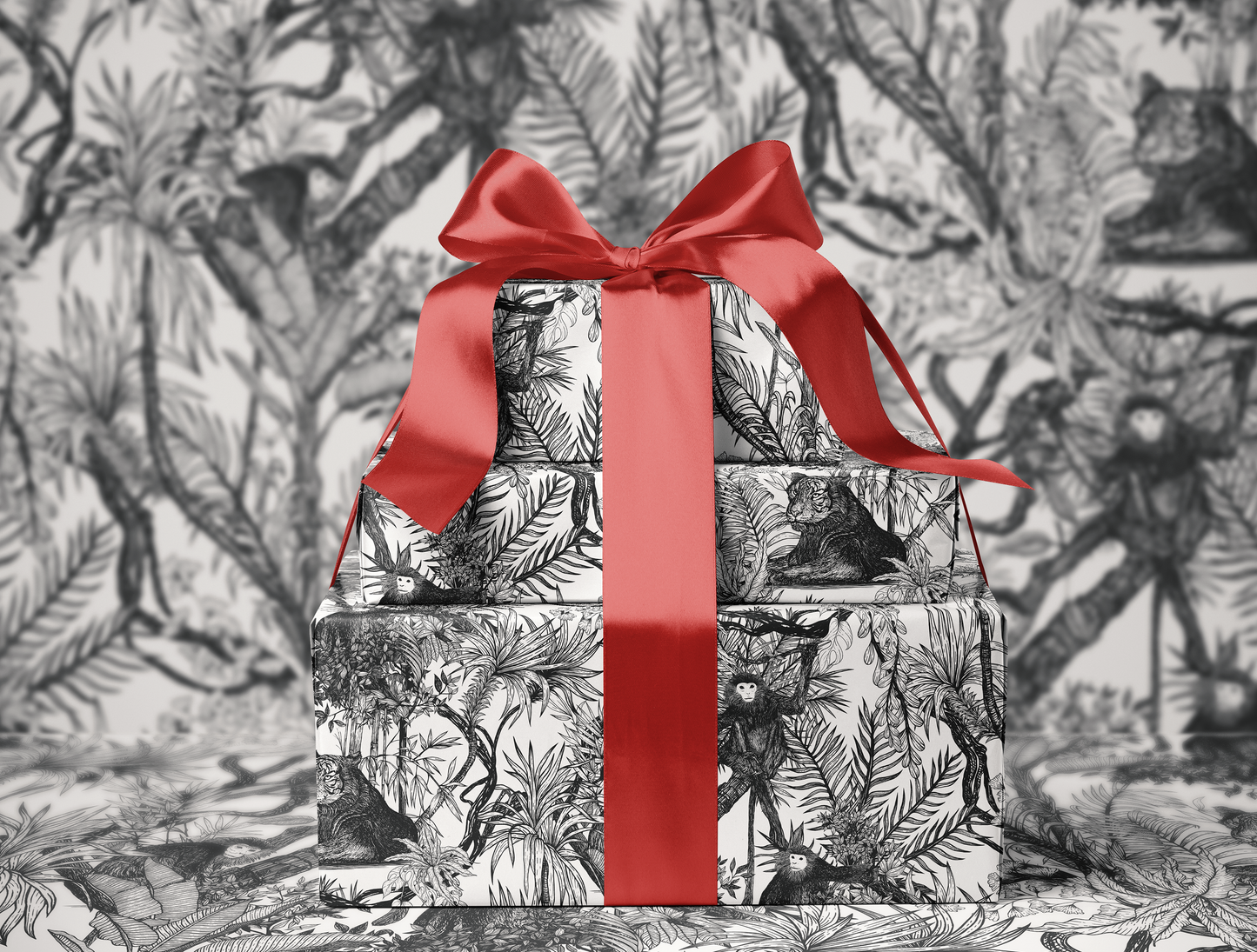 Noir Toile de Jouy Wrapping Paper | Hand-Drawn Exotic Jungle Art with Minimalist Elegance | Classic Black