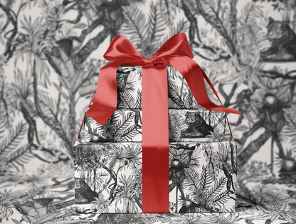 Noir Toile de Jouy Wrapping Paper | Hand-Drawn Exotic Jungle Art with Minimalist Elegance | Classic Black