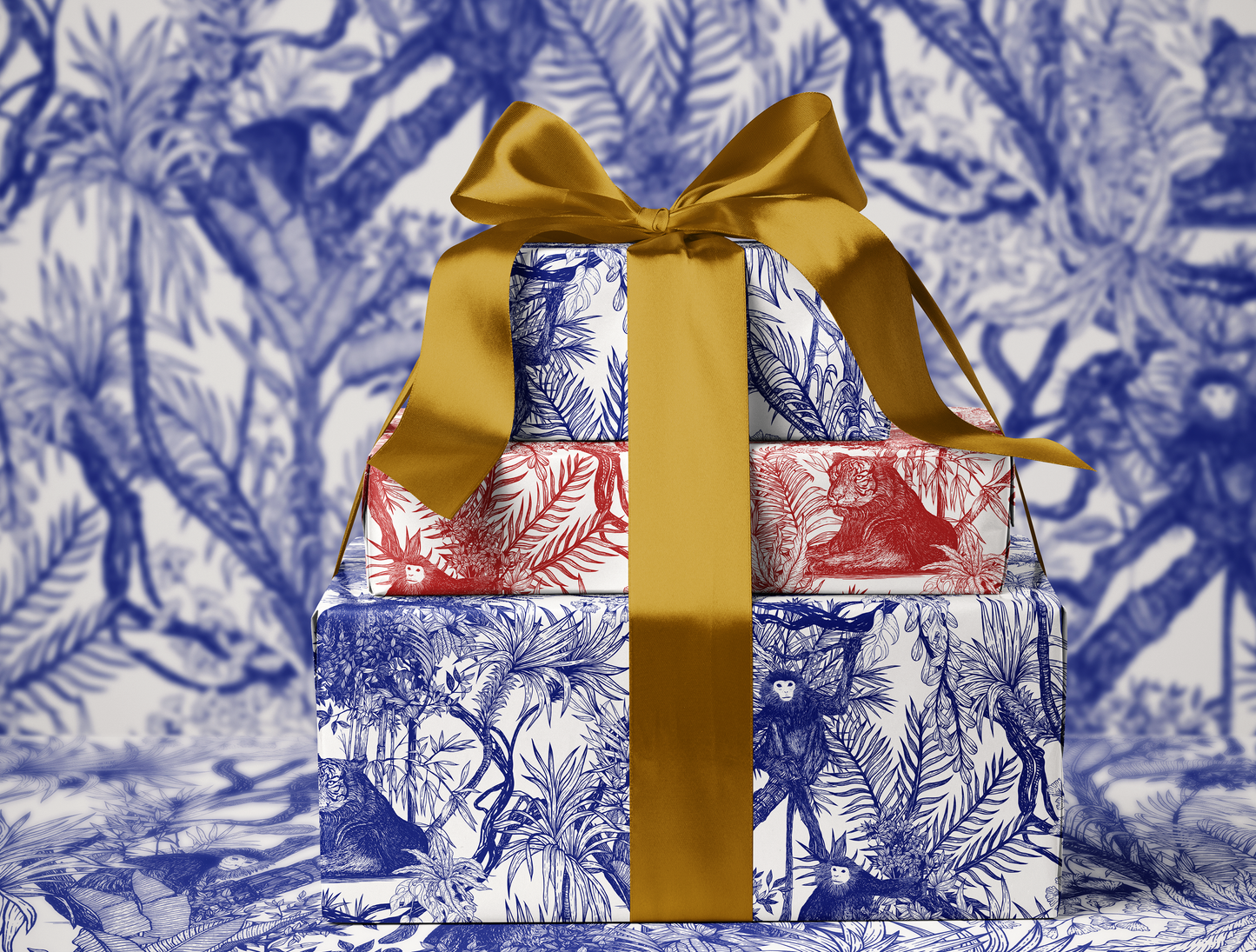 Blue Toile de Jouy Wrapping Paper | Hand-Drawn Exotic Jungle Art