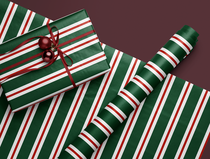 Papier cadeau de Noël à rayures rétro | Motif rayures vertes et rouges vintage