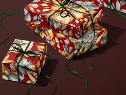 Christmas Wrapping Paper | Elegant Soft Green & Gold Ornaments | Red Background
