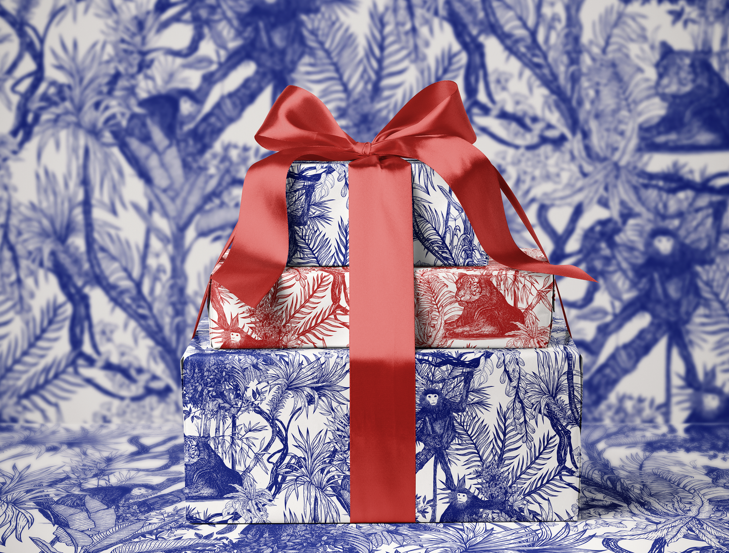 Blue Toile de Jouy Wrapping Paper | Hand-Drawn Exotic Jungle Art