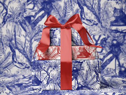 Blue Toile de Jouy Wrapping Paper | Hand-Drawn Exotic Jungle Art