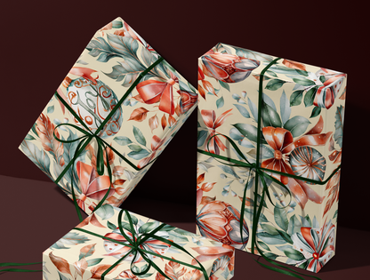 Christmas Wrapping Paper | Classic Red & Green Ornaments | Soft Yellow