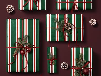 Papier cadeau de Noël à rayures rétro | Motif rayures vertes et rouges vintage