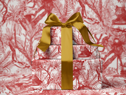Red Toile de Jouy Wrapping Paper | Hand-Drawn Exotic Jungle Design