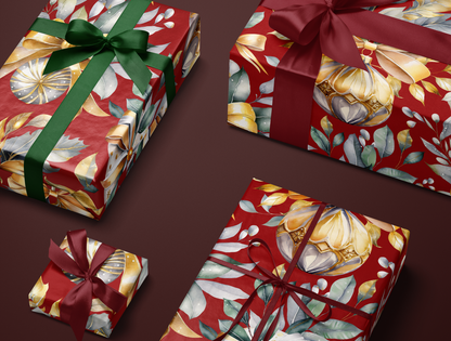 Christmas Wrapping Paper | Elegant Soft Green & Gold Ornaments | Red Background