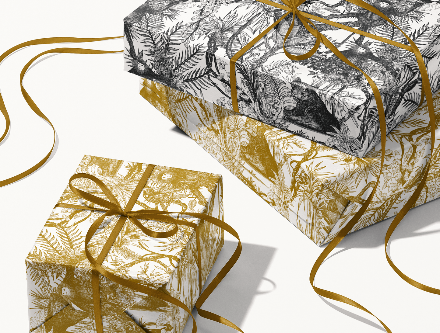 Noir Toile de Jouy Wrapping Paper | Hand-Drawn Exotic Jungle Art with Minimalist Elegance | Classic Black