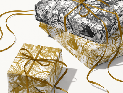 Noir Toile de Jouy Wrapping Paper | Hand-Drawn Exotic Jungle Art with Minimalist Elegance | Classic Black