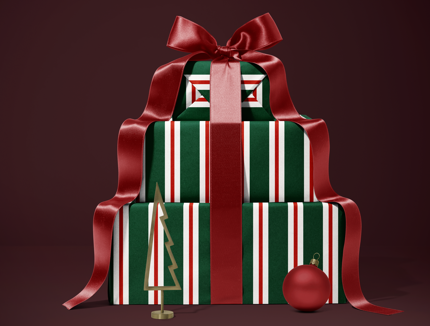 Papier cadeau de Noël à rayures rétro | Motif rayures vertes et rouges vintage