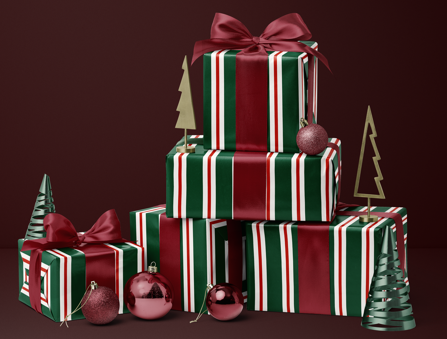 Papier cadeau de Noël à rayures rétro | Motif rayures vertes et rouges vintage