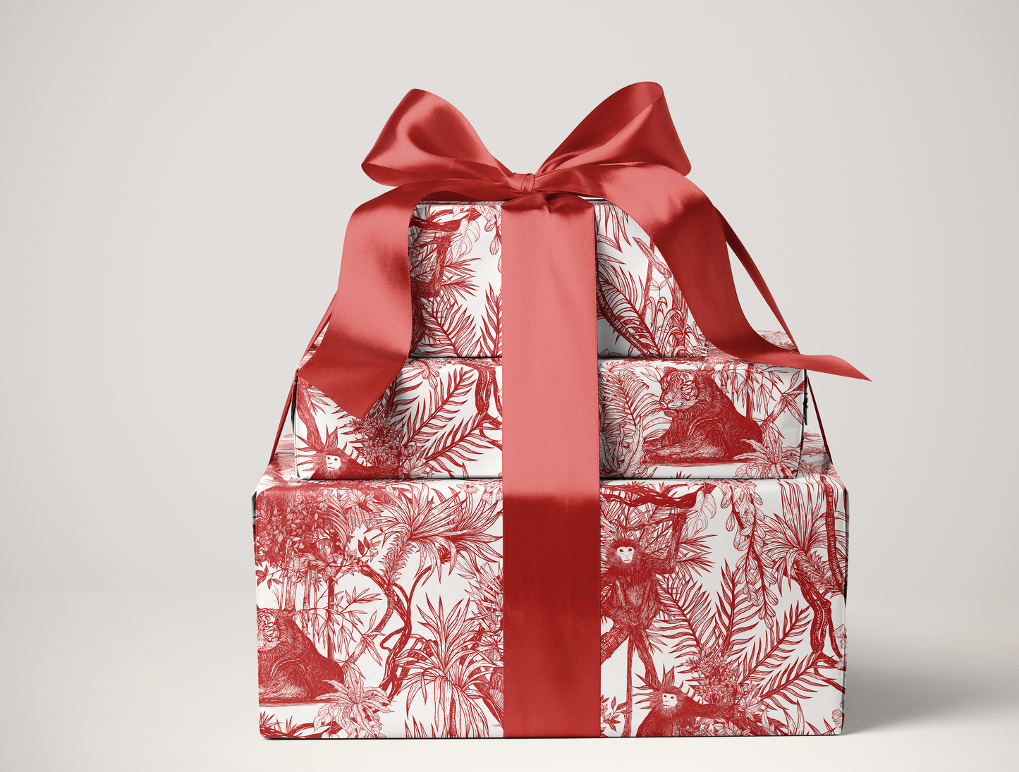 Red Toile de Jouy Wrapping Paper | Hand-Drawn Exotic Jungle Design