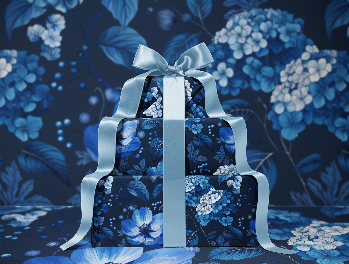 Azzure Floral Toile Wrapping Paper | Navy Blue Background