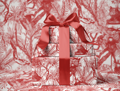 Red Toile de Jouy Wrapping Paper | Hand-Drawn Exotic Jungle Design