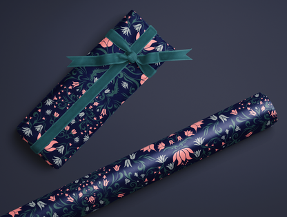 Botanical Bloom & Bell Floral Wrapping Paper | Deep Navy Blue