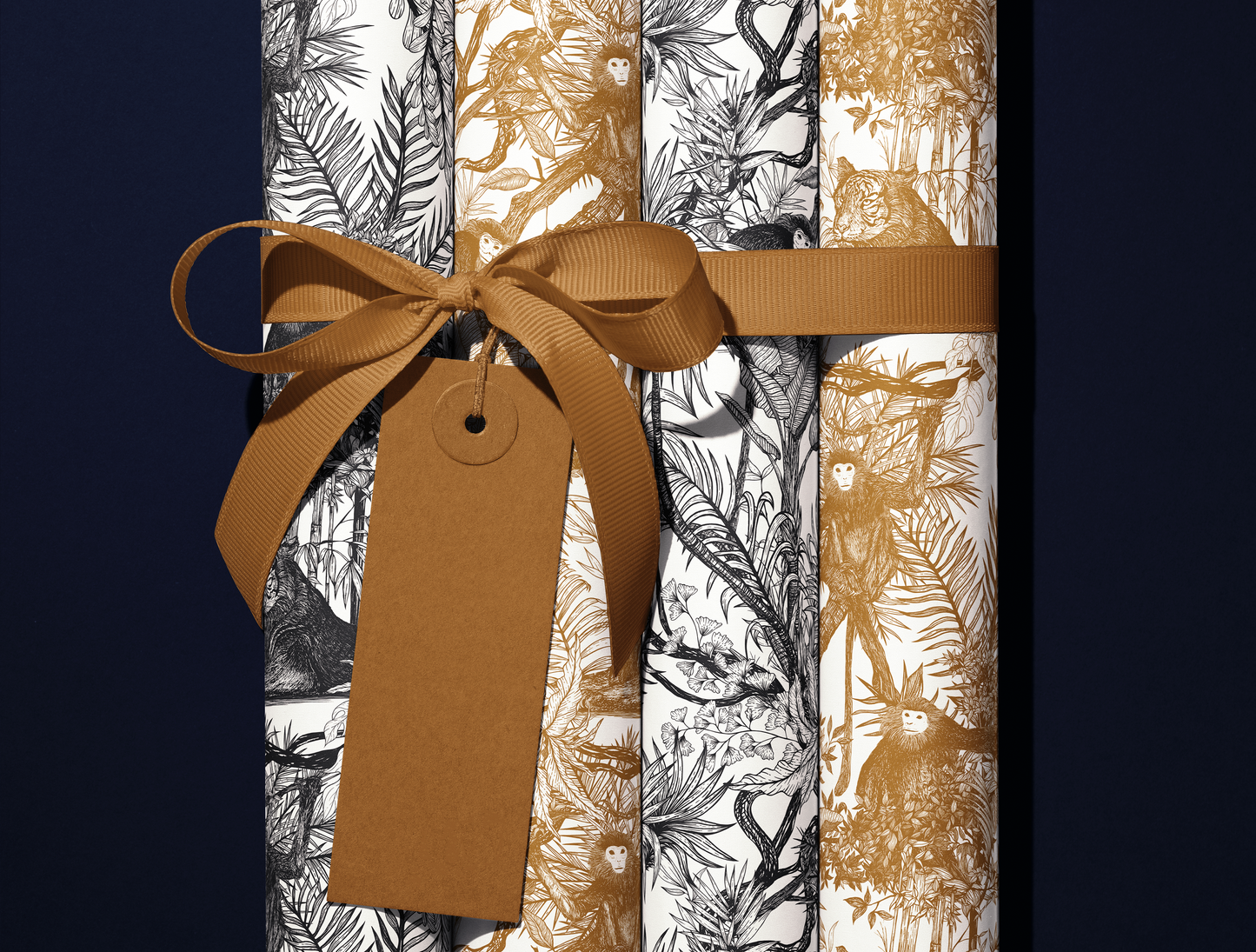 Noir Toile de Jouy Wrapping Paper | Hand-Drawn Exotic Jungle Art with Minimalist Elegance | Classic Black
