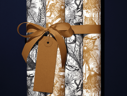 Noir Toile de Jouy Wrapping Paper | Hand-Drawn Exotic Jungle Art with Minimalist Elegance | Classic Black