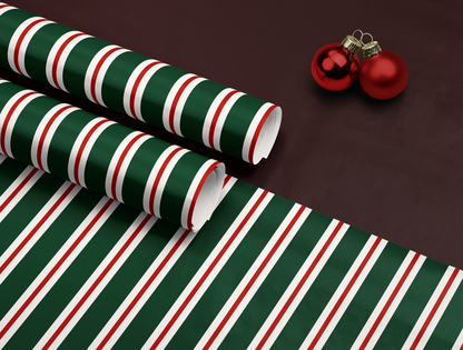 Papier cadeau de Noël à rayures rétro | Motif rayures vertes et rouges vintage