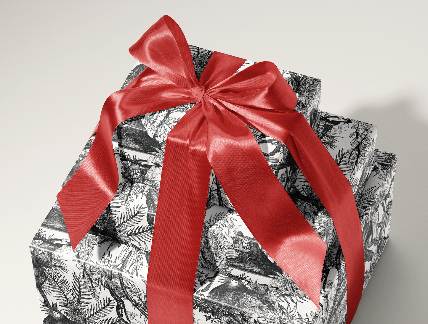 Noir Toile de Jouy Wrapping Paper | Hand-Drawn Exotic Jungle Art with Minimalist Elegance | Classic Black