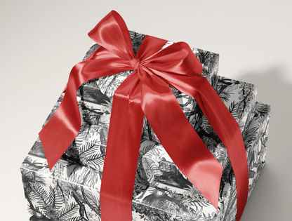 Noir Toile de Jouy Wrapping Paper | Hand-Drawn Exotic Jungle Art with Minimalist Elegance | Classic Black