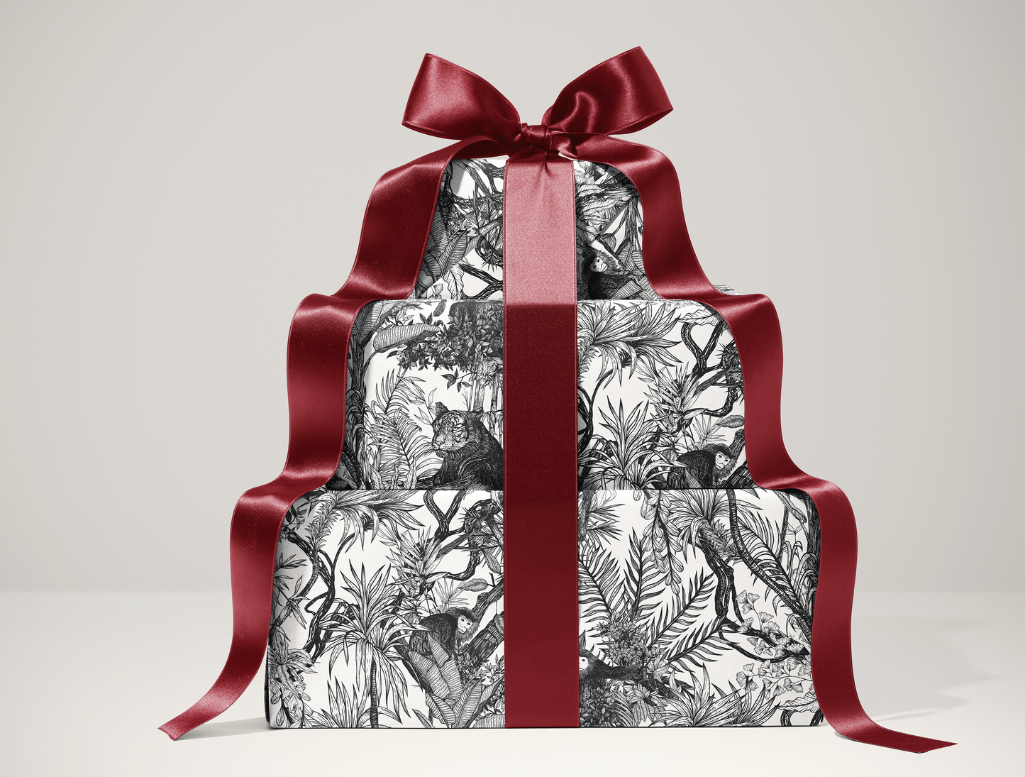 Noir Toile de Jouy Wrapping Paper | Hand-Drawn Exotic Jungle Art with Minimalist Elegance | Classic Black