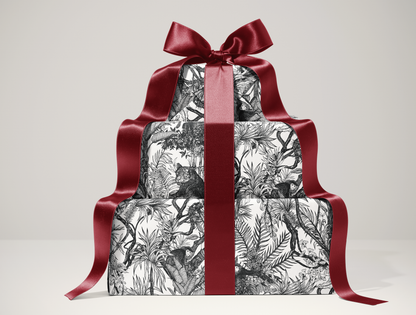 Noir Toile de Jouy Wrapping Paper | Hand-Drawn Exotic Jungle Art with Minimalist Elegance | Classic Black