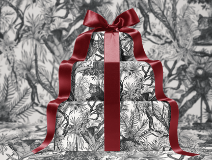 Noir Toile de Jouy Wrapping Paper | Hand-Drawn Exotic Jungle Art with Minimalist Elegance | Classic Black