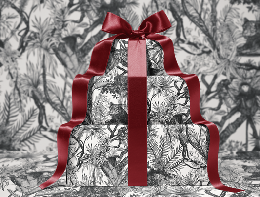 Noir Toile de Jouy Wrapping Paper | Hand-Drawn Exotic Jungle Art with Minimalist Elegance | Classic Black