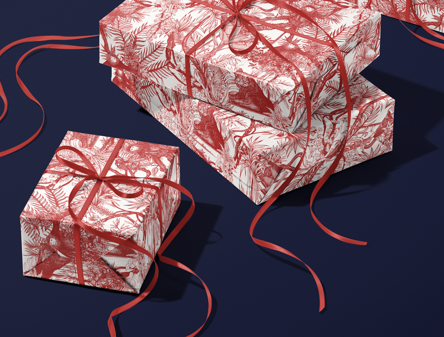 Red Toile de Jouy Wrapping Paper | Hand-Drawn Exotic Jungle Design