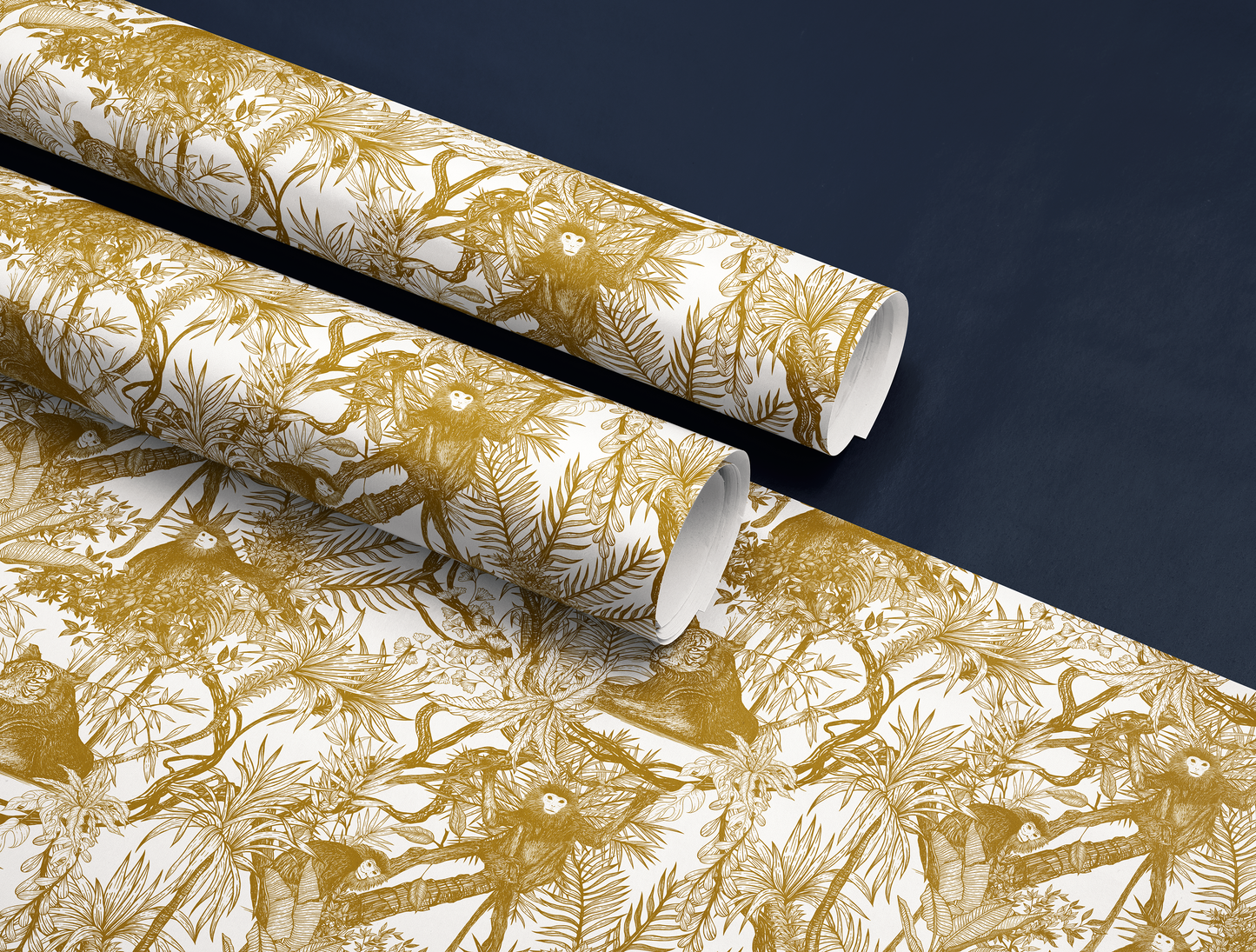 Papier Cadeau Toile de Jouy Or Antique | Illustrations Jungle Exotique Dessinées à la Main
