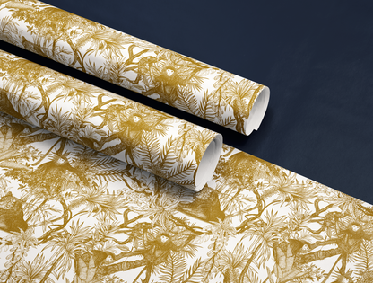 Papier Cadeau Toile de Jouy Or Antique | Illustrations Jungle Exotique Dessinées à la Main