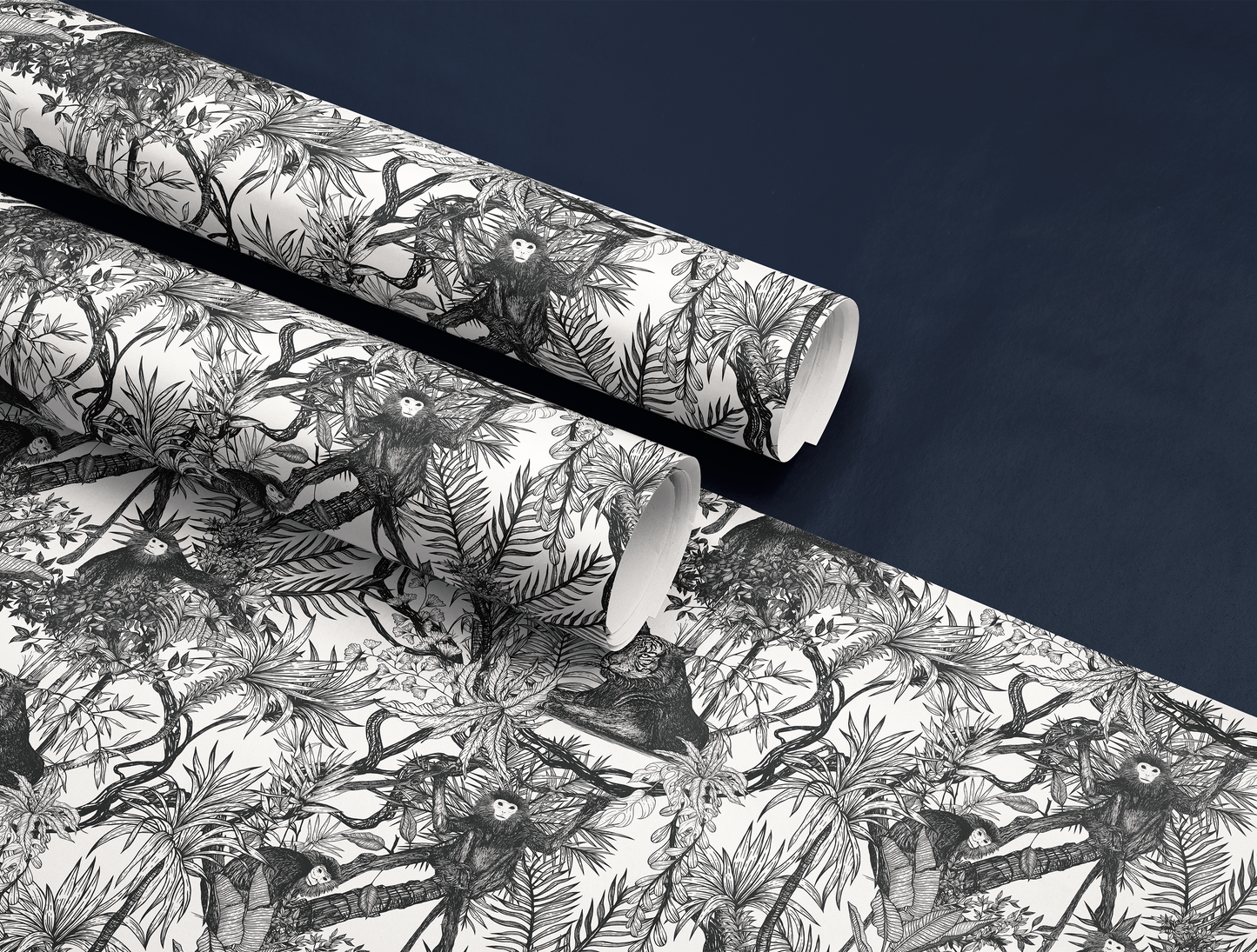 Noir Toile de Jouy Wrapping Paper | Hand-Drawn Exotic Jungle Art with Minimalist Elegance | Classic Black