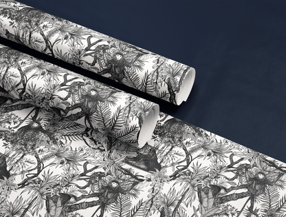 Noir Toile de Jouy Wrapping Paper | Hand-Drawn Exotic Jungle Art with Minimalist Elegance | Classic Black