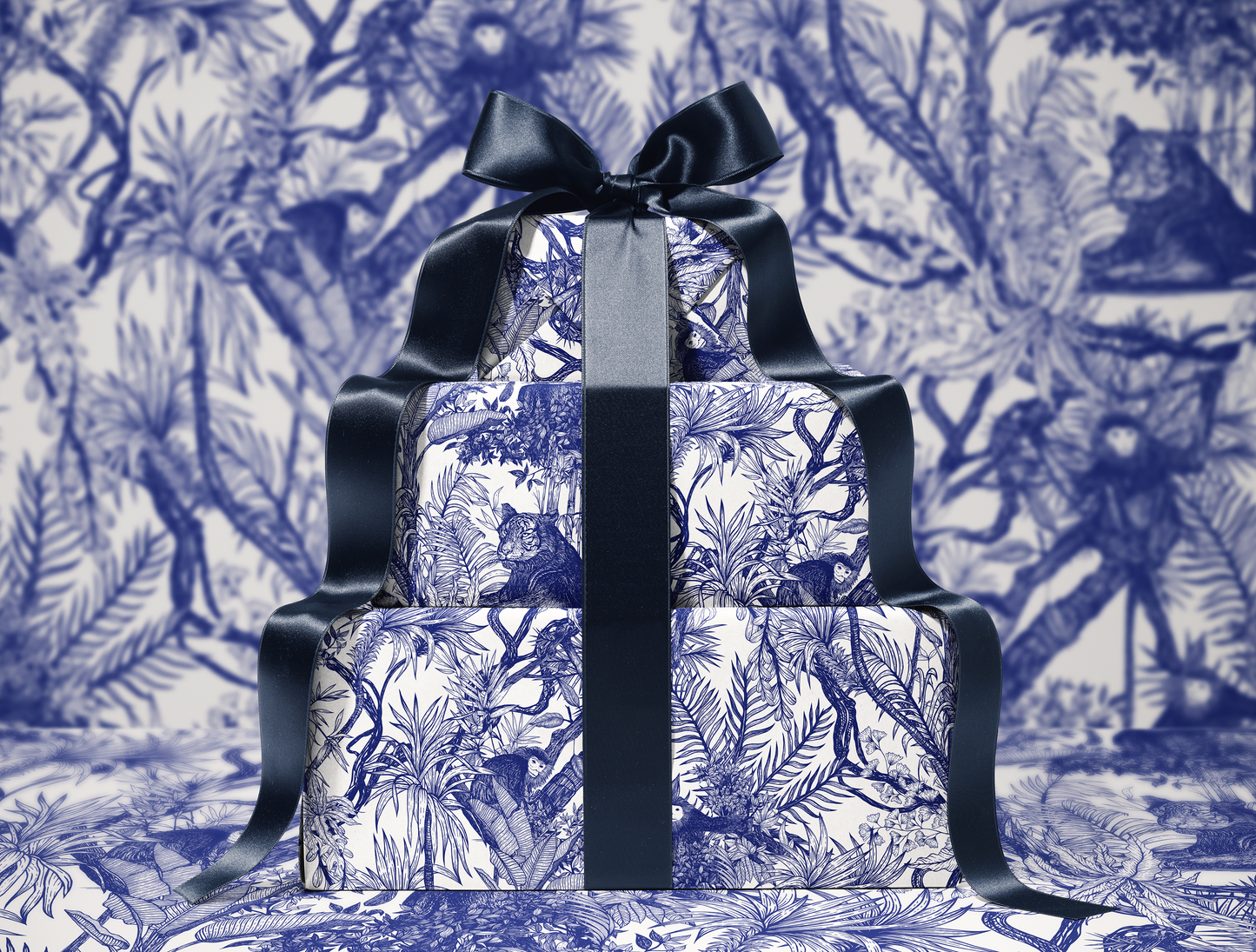 Blue Toile de Jouy Wrapping Paper | Hand-Drawn Exotic Jungle Art