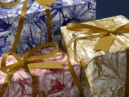 Papier Cadeau Toile de Jouy Or Antique | Illustrations Jungle Exotique Dessinées à la Main
