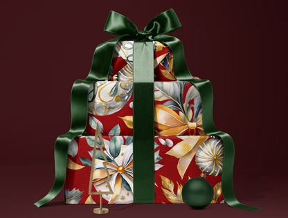 Christmas Wrapping Paper | Elegant Soft Green & Gold Ornaments | Red Background