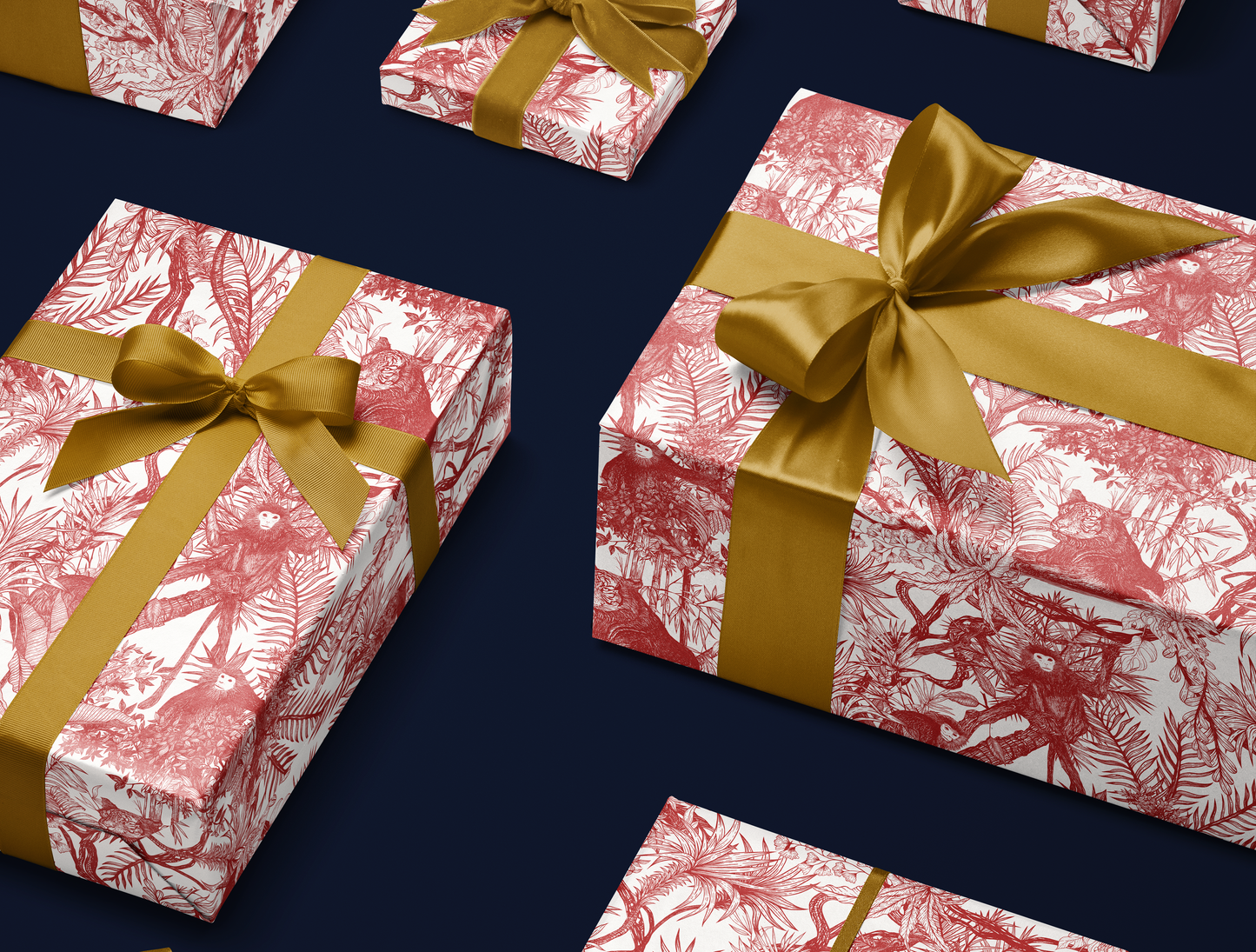 Red Toile de Jouy Wrapping Paper | Hand-Drawn Exotic Jungle Design