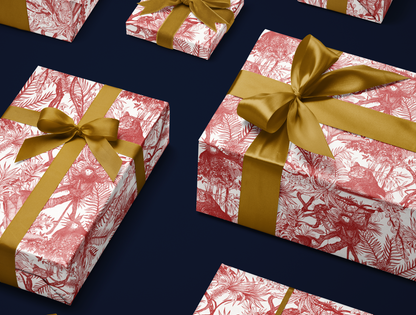 Red Toile de Jouy Wrapping Paper | Hand-Drawn Exotic Jungle Design